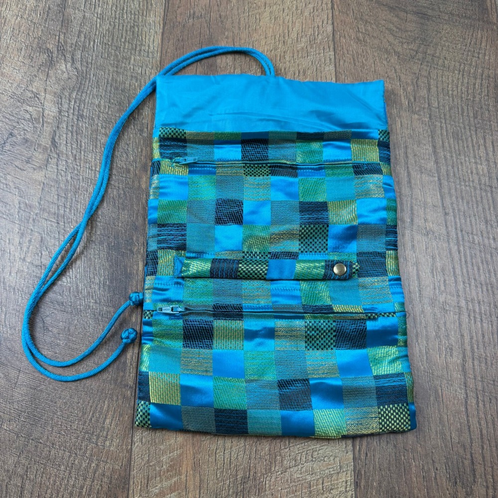 Silk Brocade Roll Up Travel Jewelry Organizer‎ Bag Teal Blue Green Patchwork